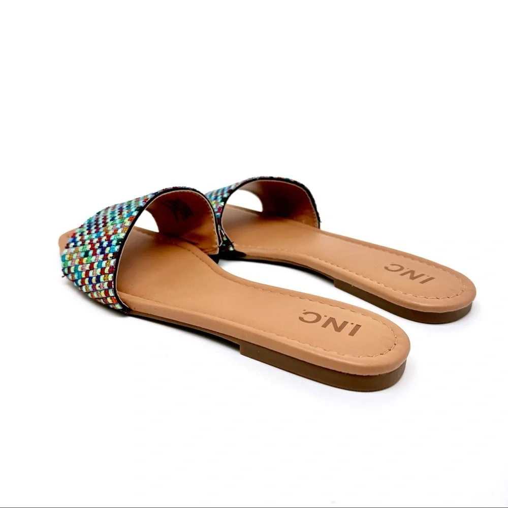 INC International Concepts Rhinestone Slide Flat Sandals Geometric Rainbow 7.5